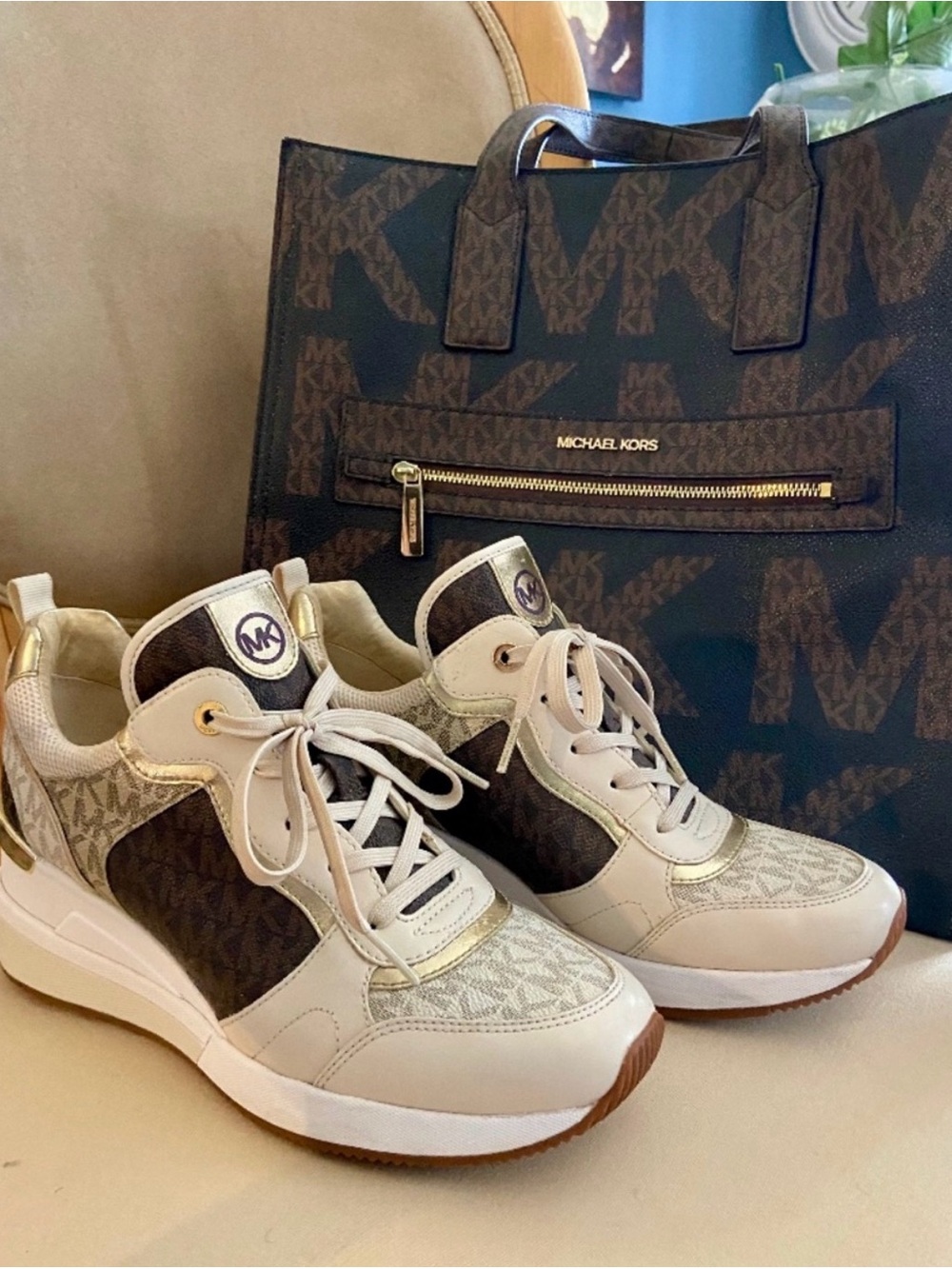 Michael Kors Beige, Brown and Gold Logo-Accent Sneakers and purse